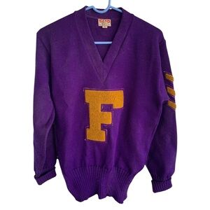 Vintage 50s 60s Varsity Lettermans Sweater Sand Knit Tag Size 42 V Neck Letter F